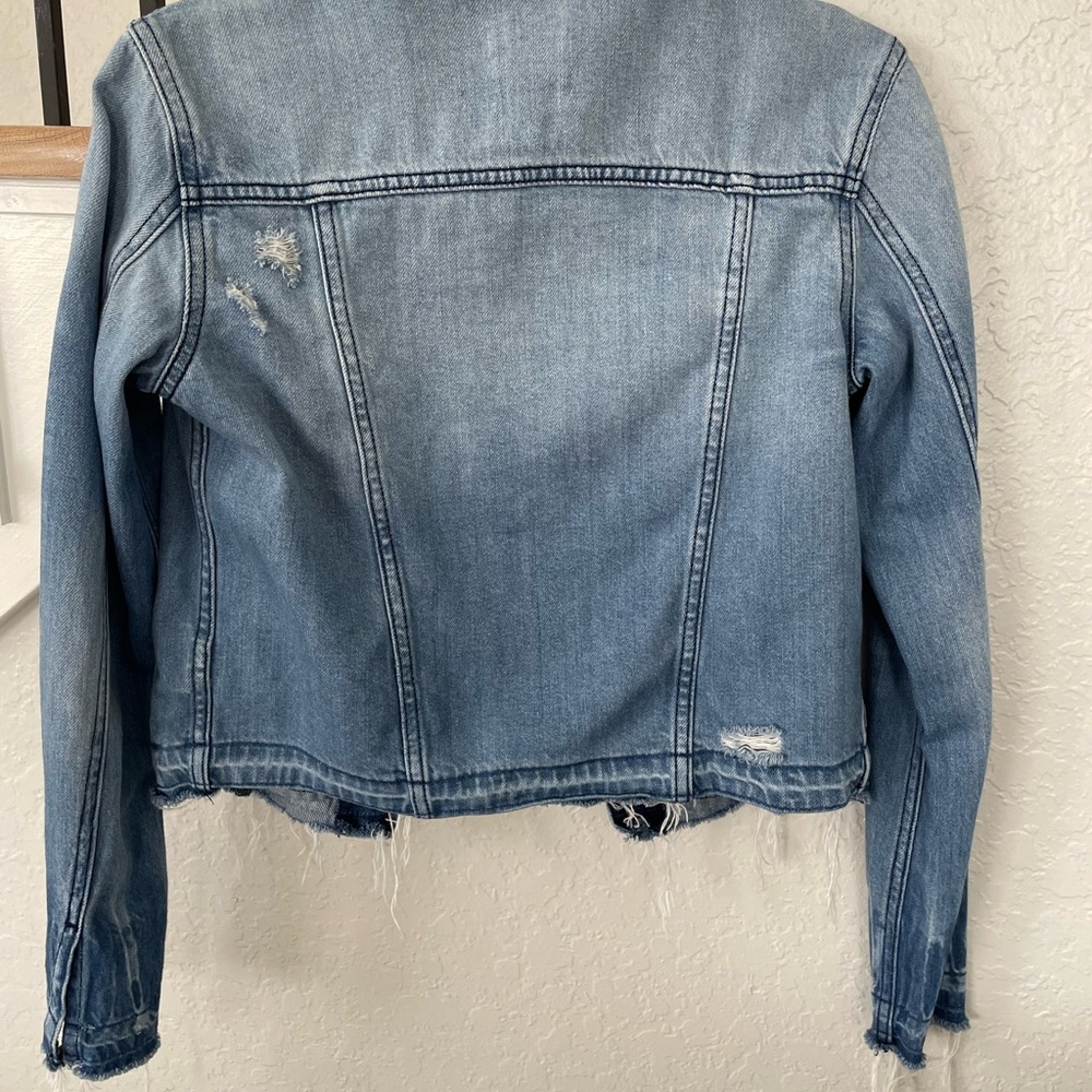 Distressed Collarless Denim Jacket - image 4